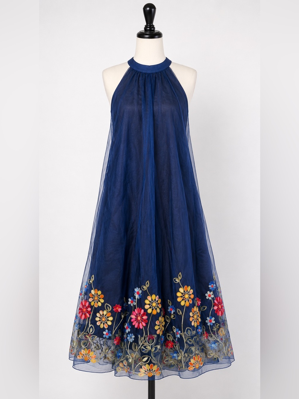 Navy Blue Floral Mesh Midi Dress with Colourful Embroidery Halter Top 1XL
